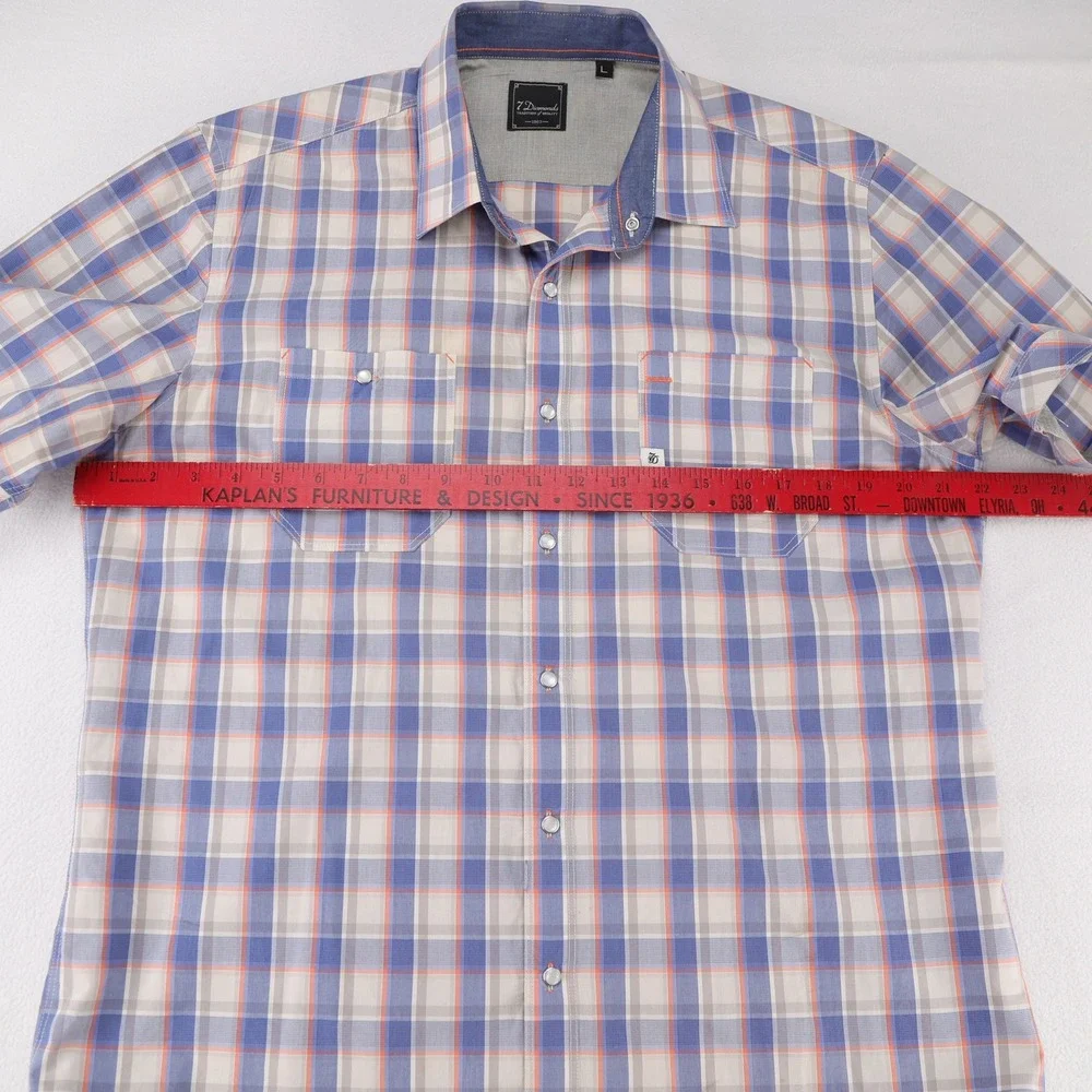 7 Diamonds Mens Large Blue Orange Plaid Pearl Snap Short‎ Sleeve Button Up Shirt